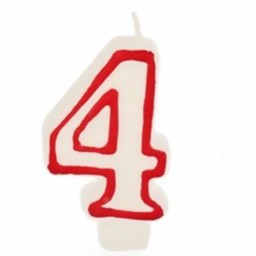 Bild von Zahlenkerze  weiss "4" mit rotem Rand
